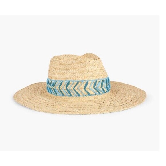 Talbots Embroidered Raffia Straw Hat Turqoise Adjustable NWT - Picture 1 of 9